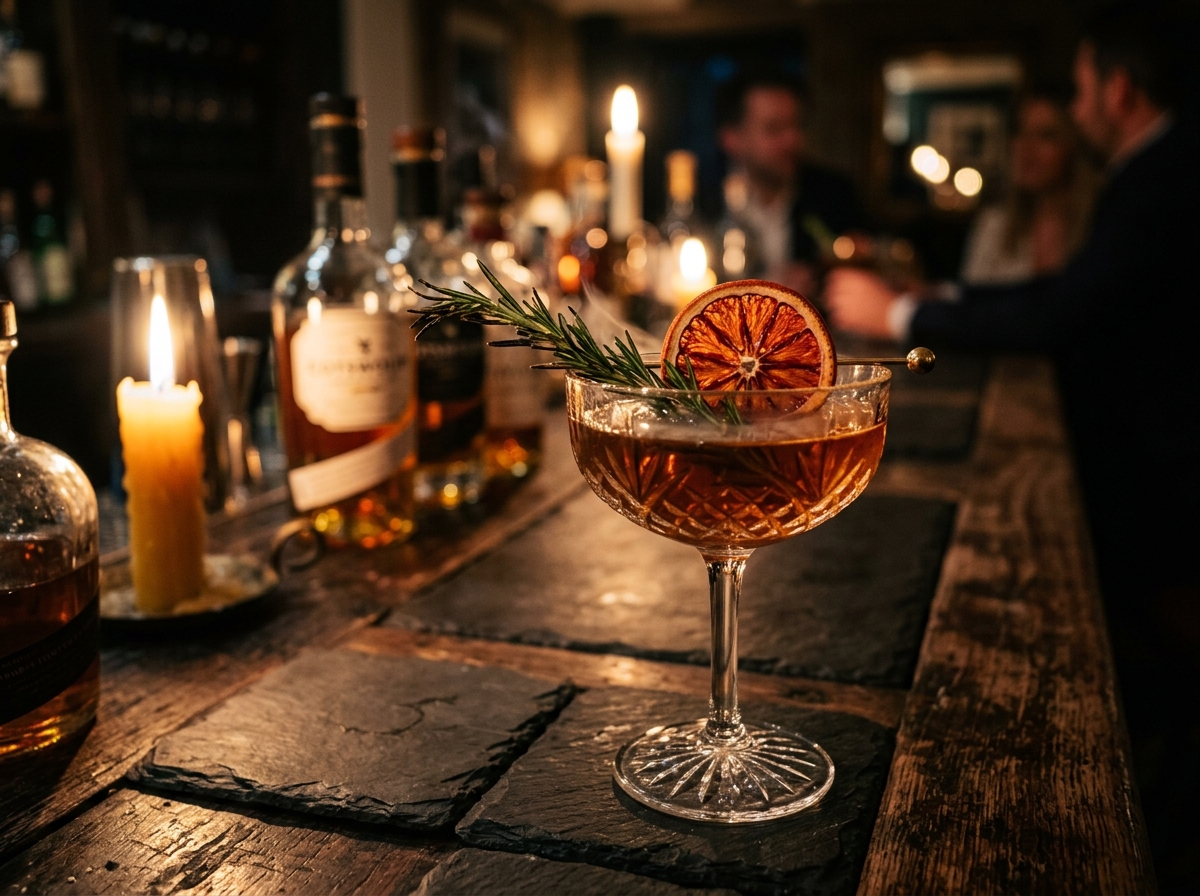 Artisanal smoked botanical cocktail in cut-crystal glass with charred blood orange and fresh rosemary