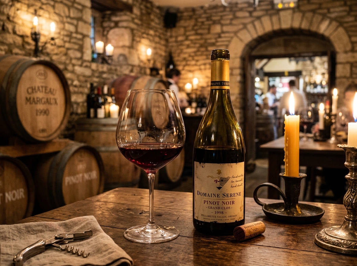 Deep ruby Pinot Noir in crystal wine glass next to vintage bottle in Cotswold candlelit stone cellar