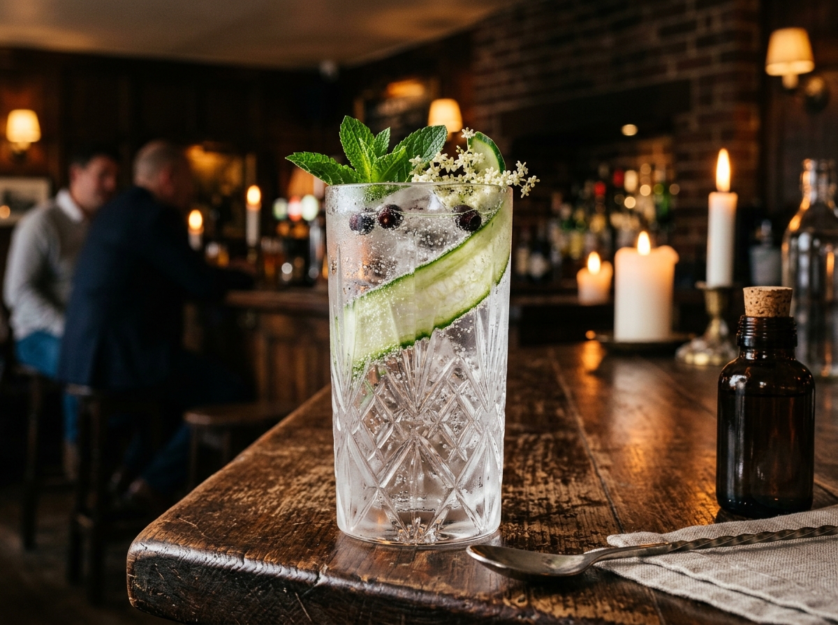 High-end botanical gin and tonic in crystal highball with cucumber ribbon, mint, and fresh juniper berries