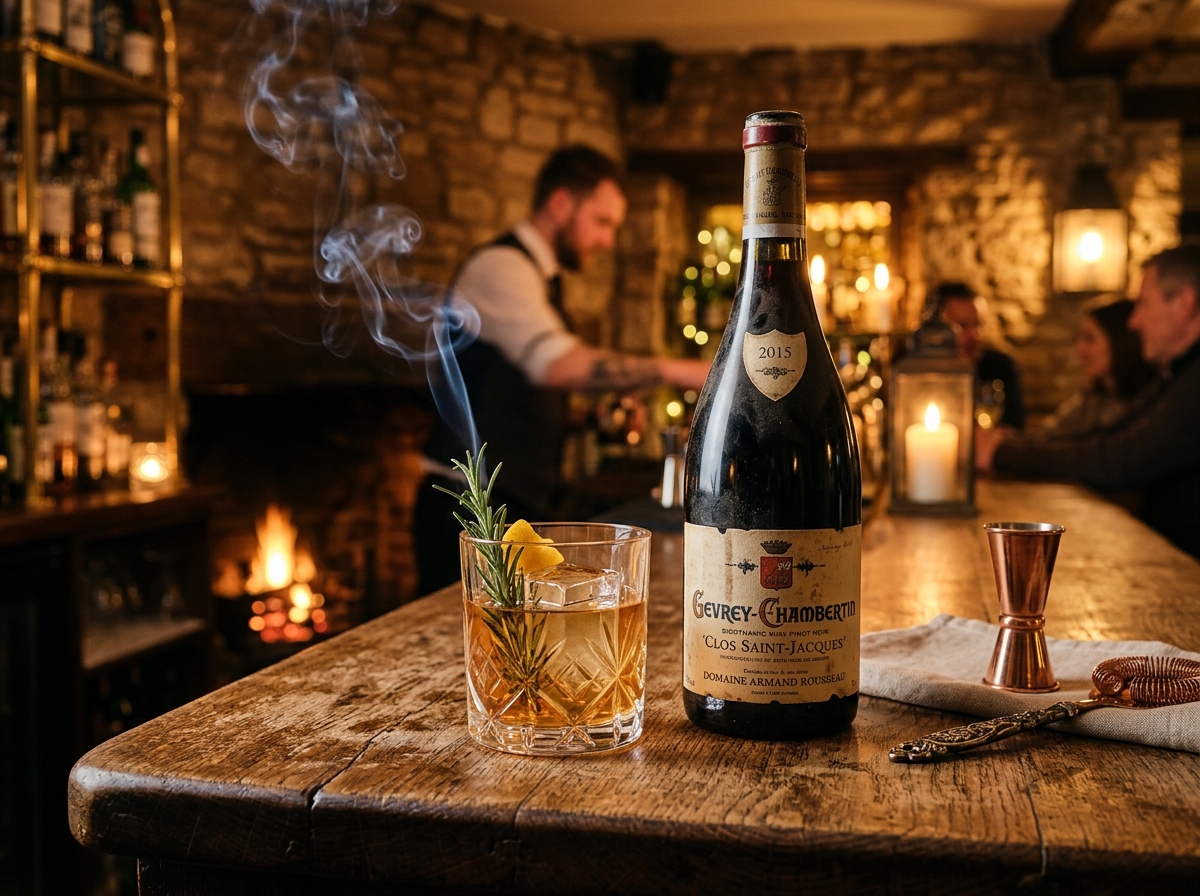 Small batch botanical house cocktail with rosemary and citrus pour