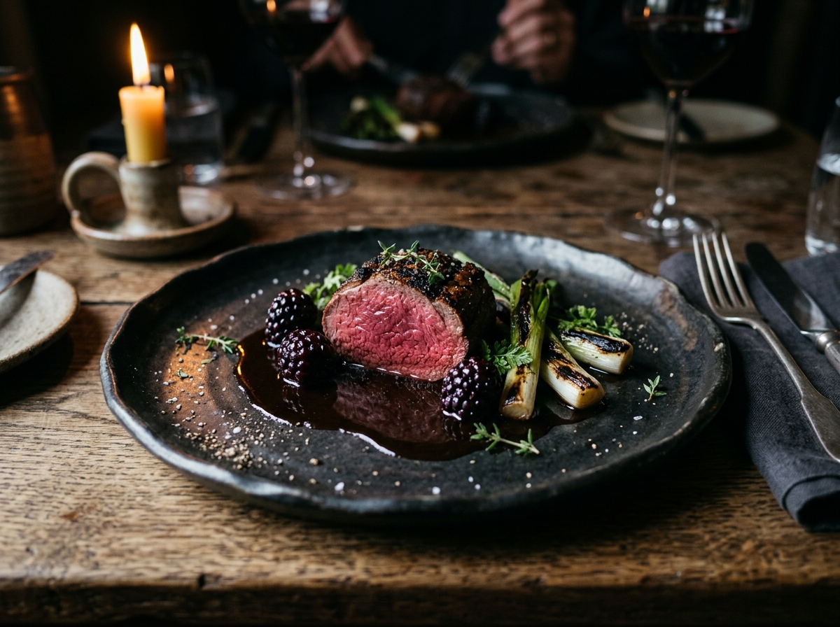 Wood-roasted Cotswold venison loin with pickled blackberries, charred garden leeks, and bone marrow jus