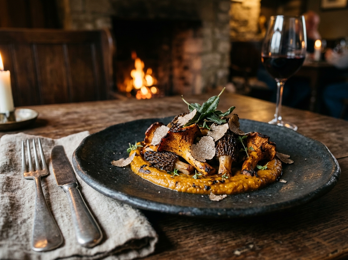 Hearth-charred chanterelles and morels on heirloom squash puree with shaved black winter truffle