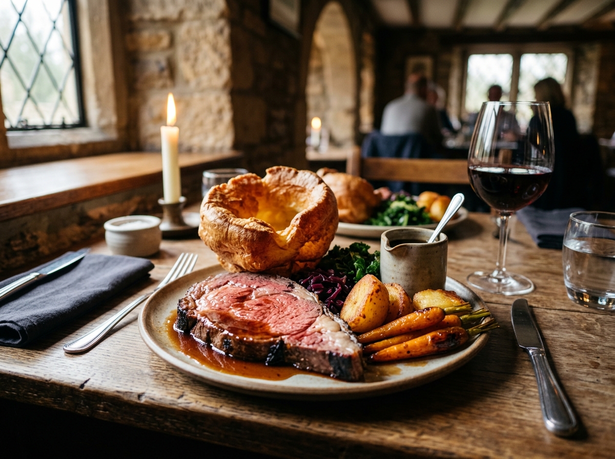 Dry-aged Longhorn beef rib with airy Yorkshire pudding, crisp duck fat roasted potatoes, and red wine gravy