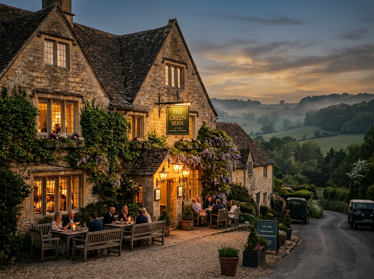 18th-century Cotswold limestone tavern at twilight with warm window lanterns and climbing wisteria
