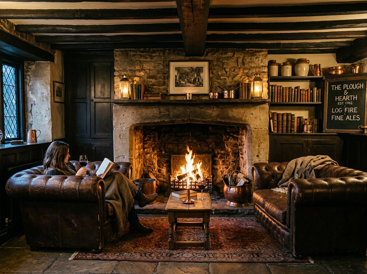 Cosy 18th-century pub fireside snug with leather chesterfields, roaring stone fireplace, and candlelight