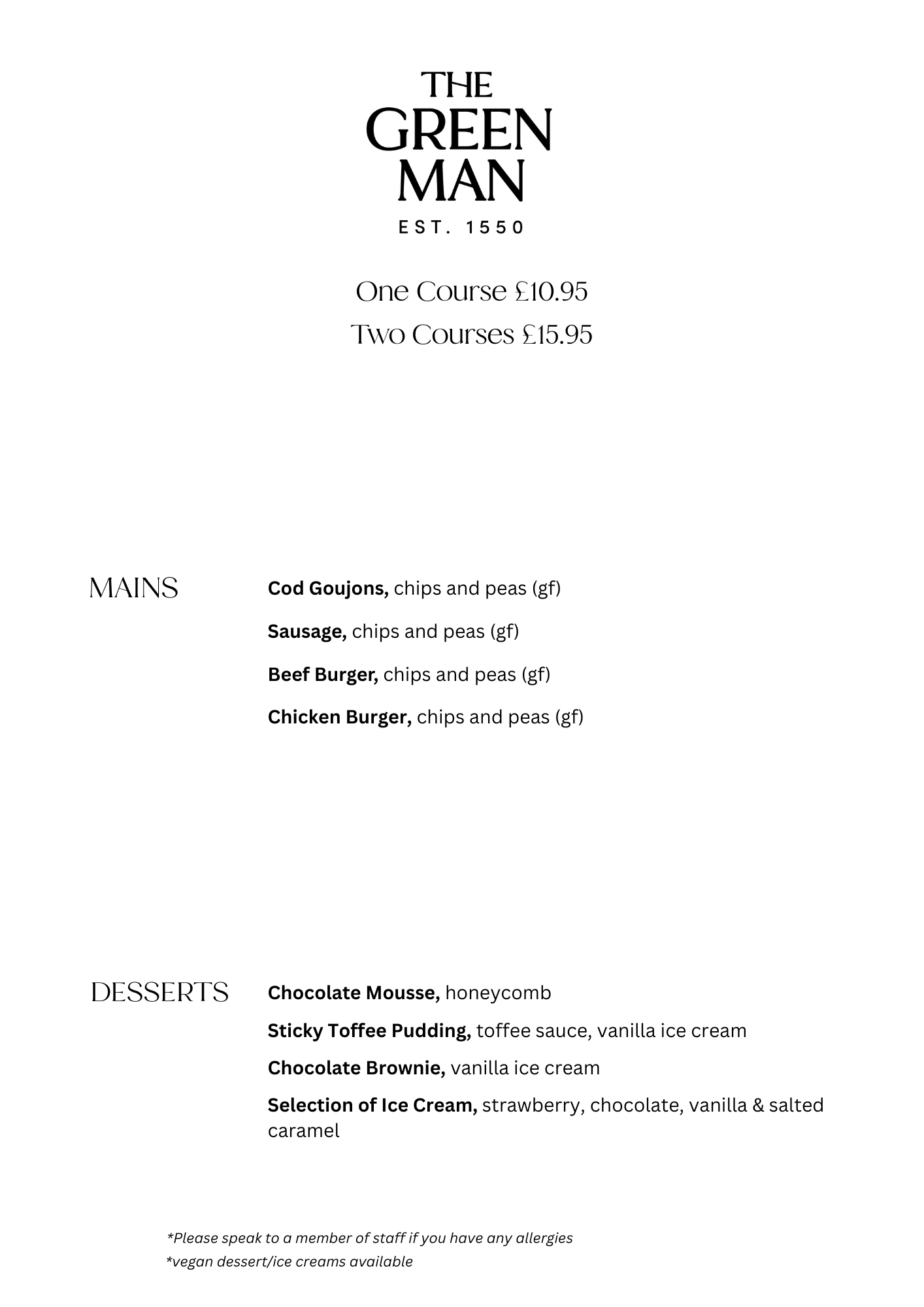 The Green Man Kids Menu