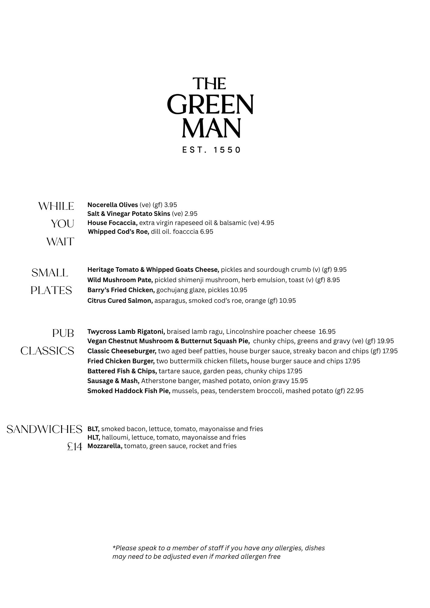 The Green Man Lunch Menu