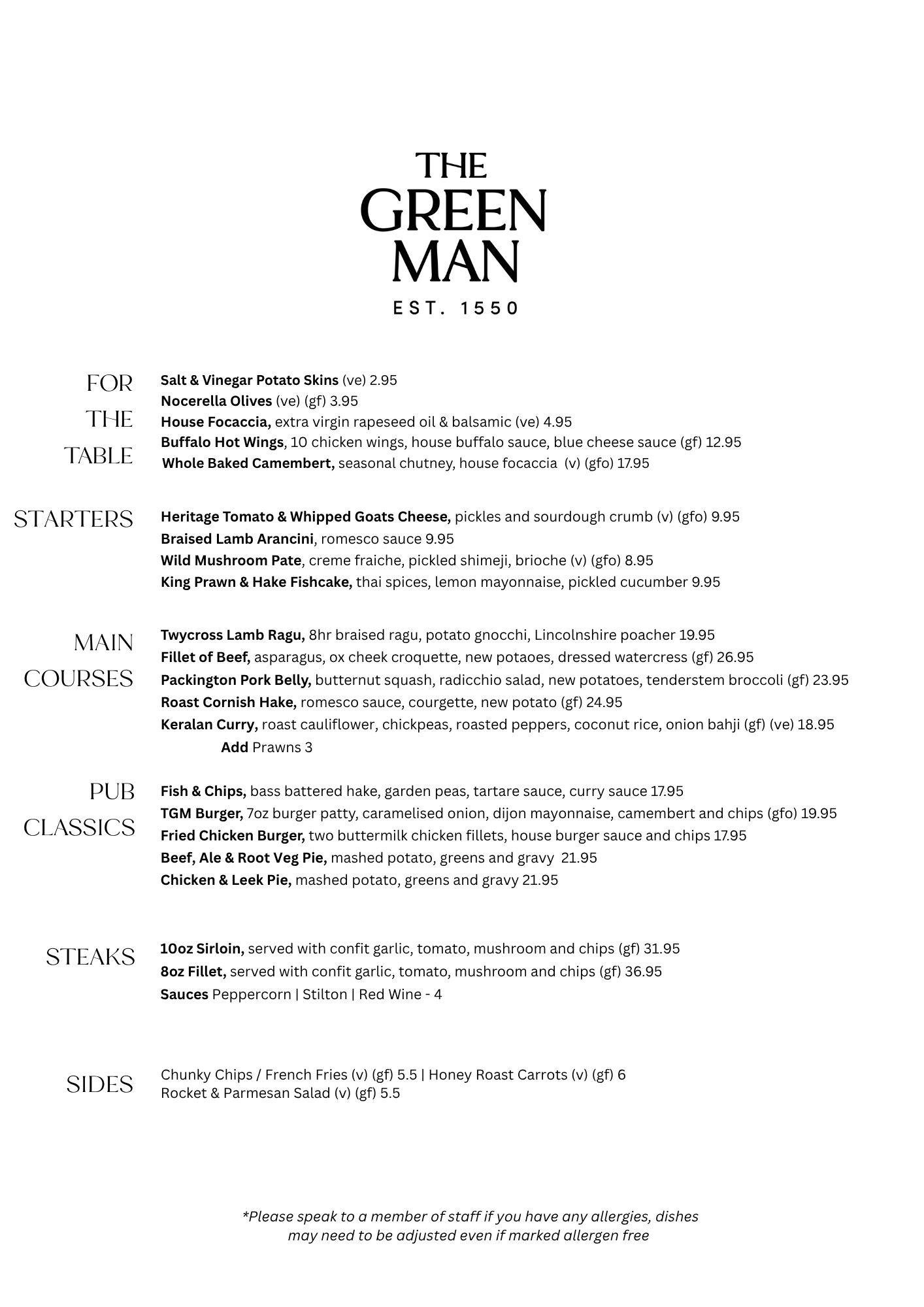 The Green Man Restaurant Sample Menu