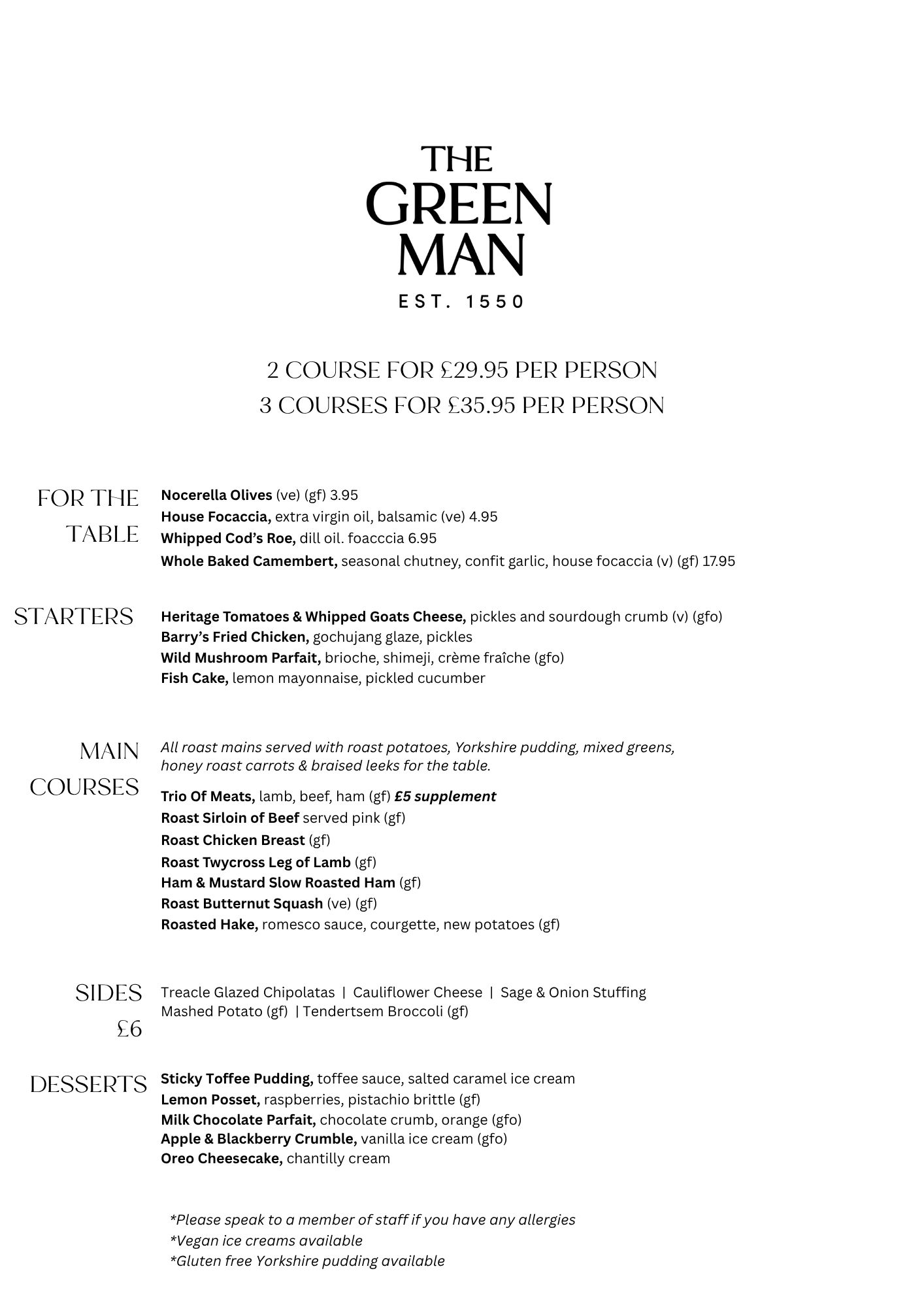 The Green Man Sunday Lunch Menu