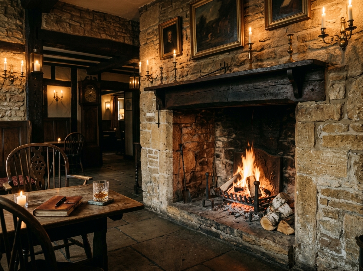 Atmospheric 18th-century stone fireplace at The Green Man with glowing wood embers, aged oak mantel, and candlelight